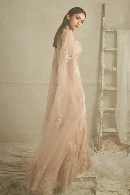 Shop_Shehlaa Khan_Pink Silk, Sequins, Sweetheart Neck Organza Embroidered Cape Pant Set _at_Aza_Fashions