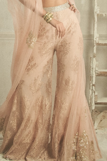 Shehlaa Khan_Pink Silk, Sequins, Sweetheart Neck Organza Embroidered Cape Pant Set _Online_at_Aza_Fashions