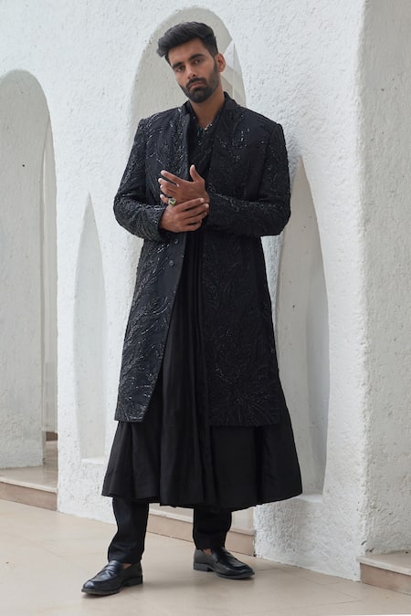 Mahima Mahajan Black Net Embroidery Gardenia Zabir Sherwani With Angarkha Kurta