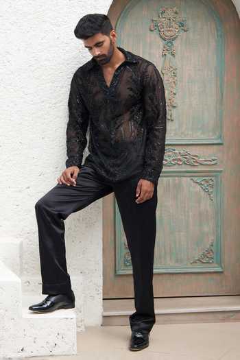Mahima Mahajan_Black Net Sequins Abraham Cordelia Embroidered Shirt_Online_at_Aza_Fashions
