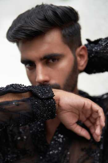 Shop_Mahima Mahajan_Black Net Sequins Abraham Cordelia Embroidered Shirt_Online_at_Aza_Fashions
