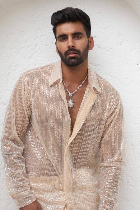 Mahima Mahajan_Peach Net Embroidery Sequin Adil Greko Shirt_Online_at_Aza_Fashions