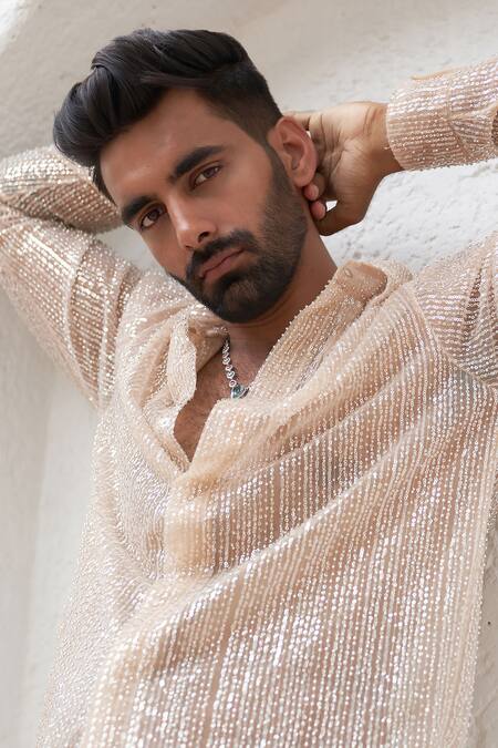 Shop_Mahima Mahajan_Peach Net Embroidery Sequin Adil Greko Shirt_Online_at_Aza_Fashions