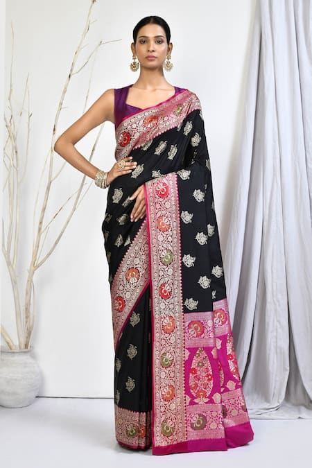 Nazaakat by Samara Singh Black Banarasi Silk Woven Floral Katan Motif Saree With Running Blouse