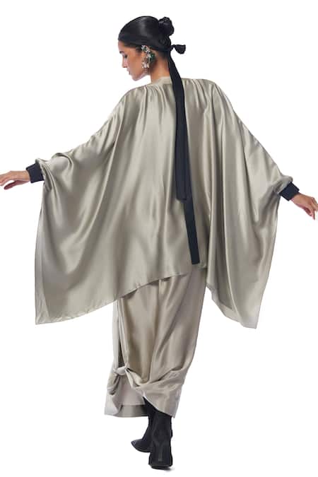 AK-OK Ribbed Cuff Plain Silk Tunic With Lungi Skirt 