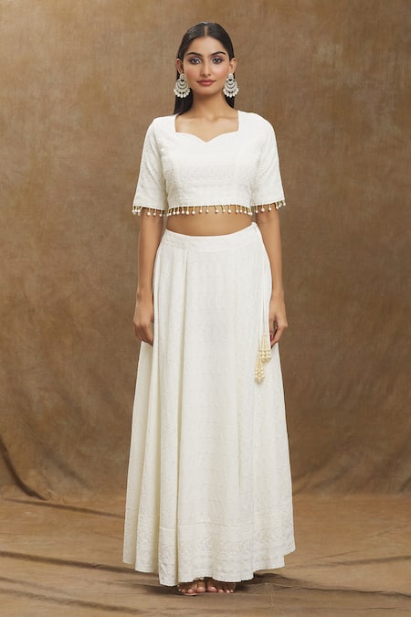 Buy_Monk & Mei By Sonia Anand_Cream Chiffon Tassels, Embroidery Sweetheart Mallika Chikankari Lehenga Set _Online_at_Aza_Fashions