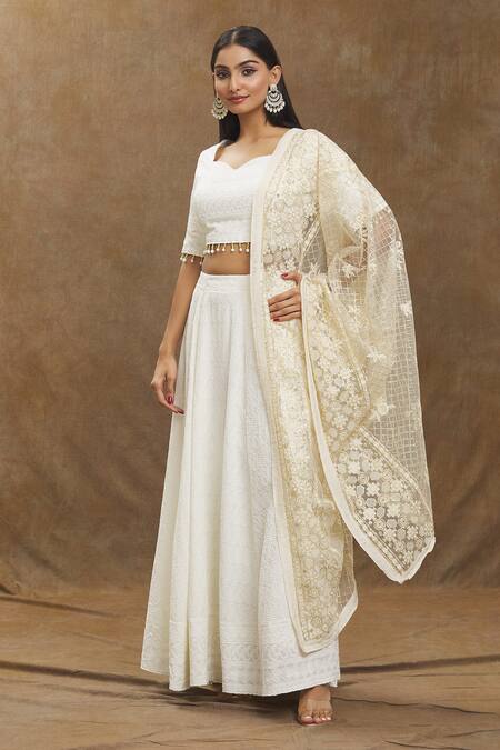 Monk & Mei By Sonia Anand_Cream Chiffon Tassels, Embroidery Sweetheart Mallika Chikankari Lehenga Set _at_Aza_Fashions