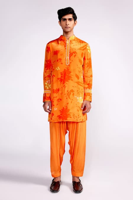 Isha Gupta Tayal Orange Shell And Lining Crepe Printed Floral Kurta & Salwar Set 