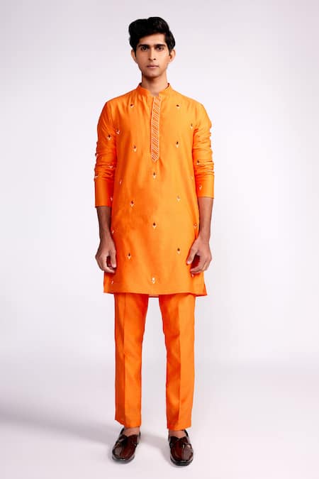 Isha Gupta Tayal Orange Kurta And Pant Chanderi Silk Embroidered Mirror Set 