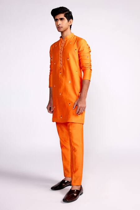Buy_ISHA GUPTA TAYAL_Orange Chanderi Silk, Crepe Mirrors, Beads, Sequins Embroidered Kurta Set _Online_at_Aza_Fashions