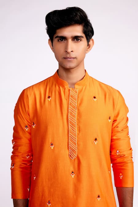 Shop_ISHA GUPTA TAYAL_Orange Chanderi Silk, Crepe Mirrors, Beads, Sequins Embroidered Kurta Set _Online_at_Aza_Fashions