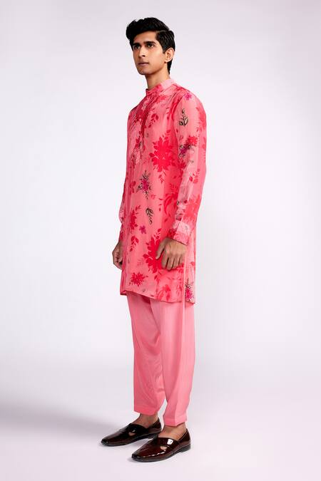 ISHA GUPTA TAYAL_Pink Crepe Embroidery Flower Print Short Kurta _Online_at_Aza_Fashions