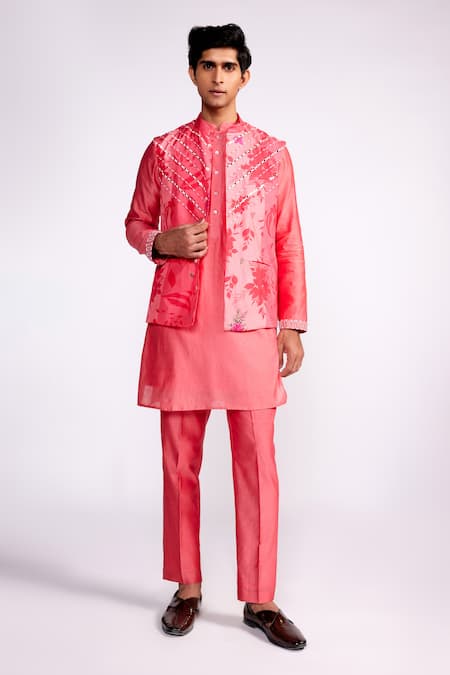 Isha Gupta Tayal Pink Kurta And Pant Chanderi Silk Printed Floral Nehru Jacket & Set 