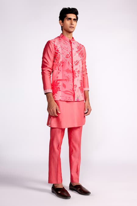 ISHA GUPTA TAYAL_Pink Chanderi Silk, Silk, Crepe, Satin Beads, Floral Print Nehru Jacket Set _Online_at_Aza_Fashions