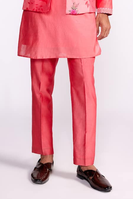 Buy_ISHA GUPTA TAYAL_Pink Chanderi Silk, Silk, Crepe, Satin Beads, Floral Print Nehru Jacket Set _Online_at_Aza_Fashions