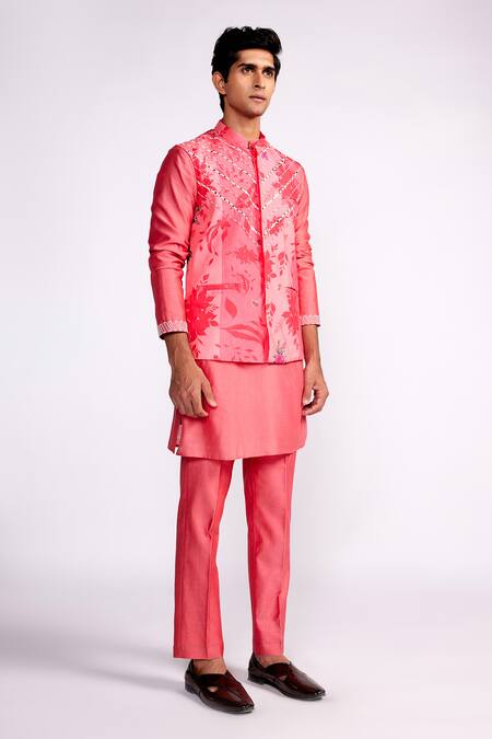 ISHA GUPTA TAYAL_Pink Silk, Satin Embroidery, Sequins Floral Printed Nehru Jacket _Online_at_Aza_Fashions
