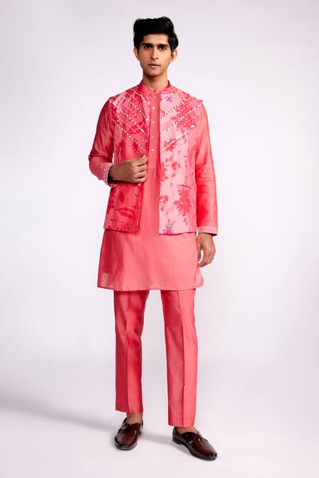 Buy_ISHA GUPTA TAYAL_Pink Silk, Satin Embroidery, Sequins Floral Printed Nehru Jacket _Online_at_Aza_Fashions