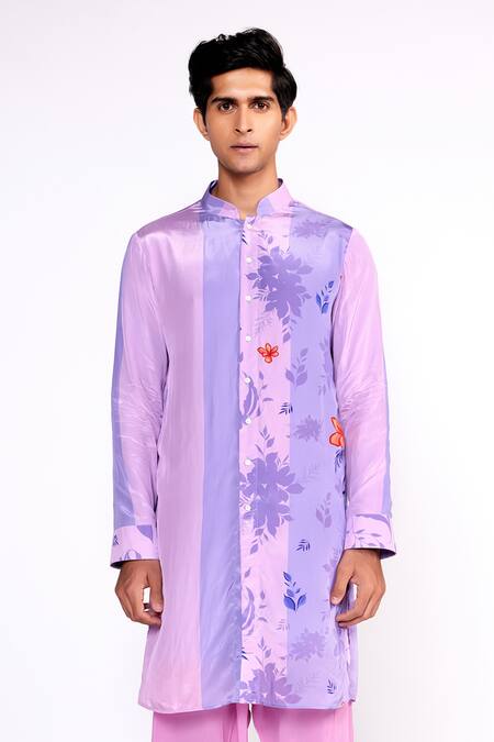 ISHA GUPTA TAYAL_Purple Crepe Embroidery Floral Print Shirt Kurta Set _Online_at_Aza_Fashions