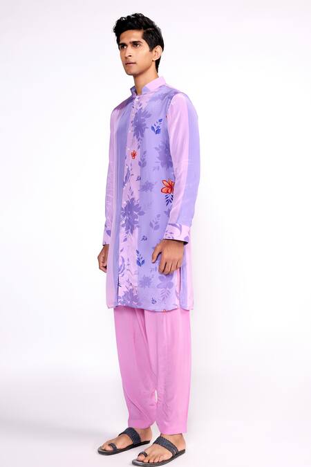Shop_ISHA GUPTA TAYAL_Purple Crepe Embroidery Floral Print Shirt Kurta Set _Online_at_Aza_Fashions