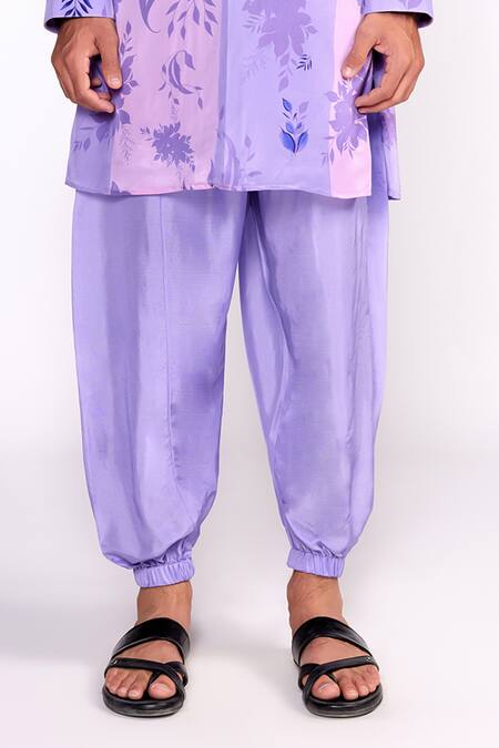 ISHA GUPTA TAYAL_Purple Crepe, Chanderi Silk Embroidery Floral Print Short Kurta Set _Online_at_Aza_Fashions