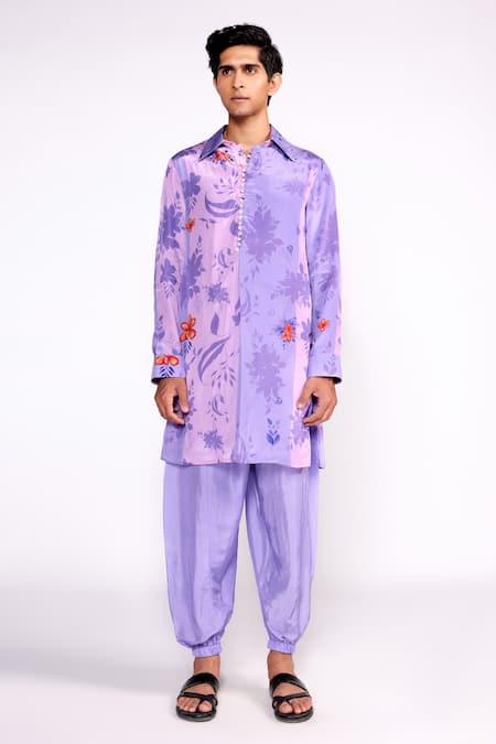 Isha Gupta Tayal Purple Shell And Lining Crepe Printed Floral Short Shirt Kurta