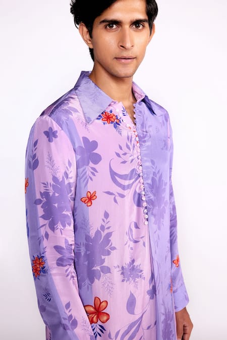 ISHA GUPTA TAYAL_Purple Crepe Floral Print Short Shirt Kurta _Online_at_Aza_Fashions