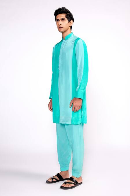 Shop_ISHA GUPTA TAYAL_Green Crepe Color Block Print Kurta Set _Online_at_Aza_Fashions