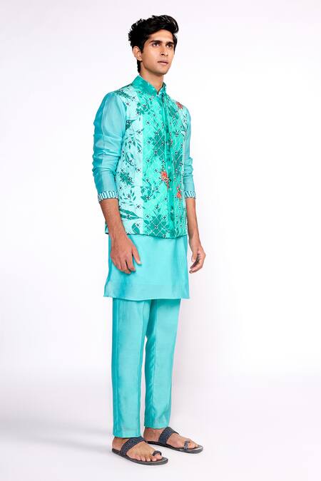 ISHA GUPTA TAYAL_Green Silk, Silk, Crepe, Satin, Floral Nehru Jacket Set _Online_at_Aza_Fashions