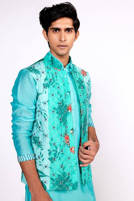 Buy_ISHA GUPTA TAYAL_Green Silk, Silk, Crepe, Satin, Floral Nehru Jacket Set _Online_at_Aza_Fashions