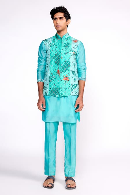 ISHA GUPTA TAYAL_Green Silk, Satin Embroidery Floral Beaded Nehru Jacket _Online_at_Aza_Fashions