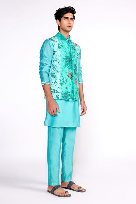 Buy_ISHA GUPTA TAYAL_Green Silk, Satin Embroidery Floral Beaded Nehru Jacket _Online_at_Aza_Fashions