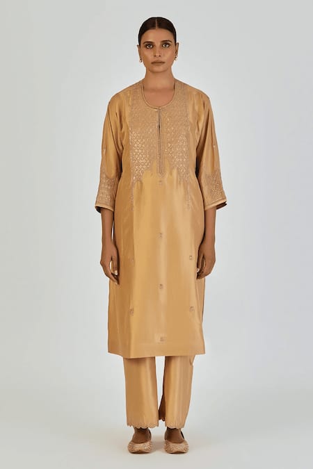 Lajjoo C Yellow Silk Embroidered Marodi Round Indrani Kurta With Pant 