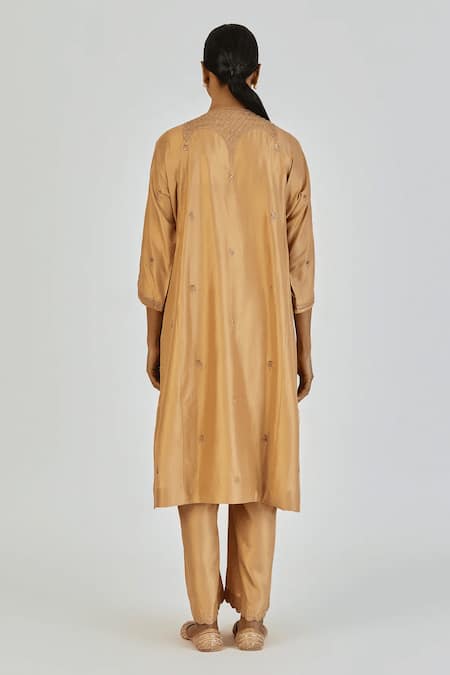 Shop Lajjoo C Yellow Silk Embroidered Marodi Round Indrani Kurta With Pant at Aza Fashions Shop_Lajjoo C_Yellow Silk Embroidered Marodi Round Indrani Kurta With Pant _at_Aza_Fashions