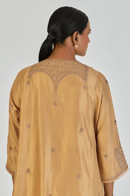 Lajjoo C Yellow Silk Embroidered Marodi Round Indrani Kurta With Pant Online at Aza Fashions Lajjoo C_Yellow Silk Embroidered Marodi Round Indrani Kurta With Pant _Online_at_Aza_Fashions