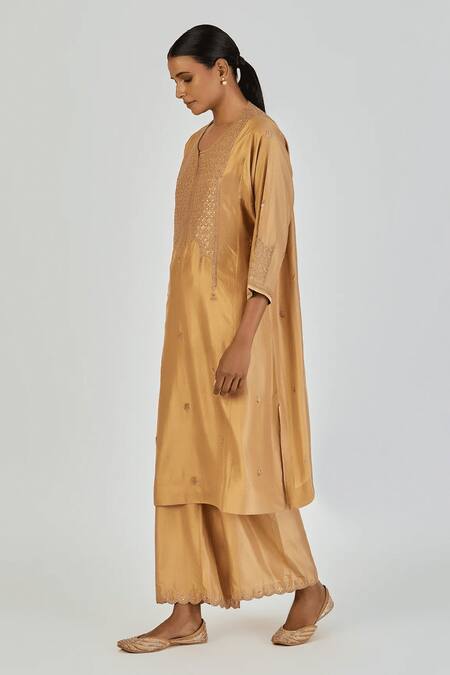 Buy Lajjoo C Yellow Silk Embroidered Marodi Round Indrani Kurta With Pant Online at Aza Fashions Buy_Lajjoo C_Yellow Silk Embroidered Marodi Round Indrani Kurta With Pant _Online_at_Aza_Fashions