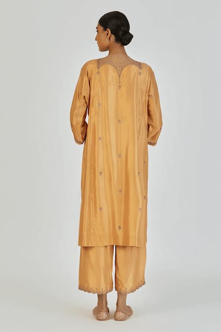 Shop Lajjoo C Yellow Silk Embroidered Marodi Round Indrani Kurta With Pant at Aza Fashions Shop_Lajjoo C_Yellow Silk Embroidered Marodi Round Indrani Kurta With Pant _at_Aza_Fashions