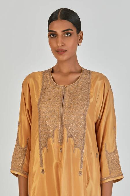 Lajjoo C Yellow Silk Embroidered Marodi Round Indrani Kurta With Pant Online at Aza Fashions Lajjoo C_Yellow Silk Embroidered Marodi Round Indrani Kurta With Pant _Online_at_Aza_Fashions