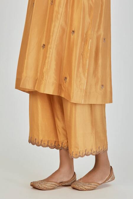 Buy Lajjoo C Yellow Silk Embroidered Marodi Round Indrani Kurta With Pant Online at Aza Fashions Buy_Lajjoo C_Yellow Silk Embroidered Marodi Round Indrani Kurta With Pant _Online_at_Aza_Fashions