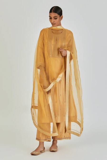 Shop Lajjoo C Yellow Silk Embroidered Marodi Round Indrani Kurta With Pant Online at Aza Fashions Shop_Lajjoo C_Yellow Silk Embroidered Marodi Round Indrani Kurta With Pant _Online_at_Aza_Fashions