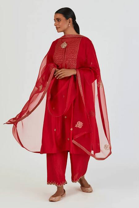 Lajjoo C_Red Silk Embroidered Marodi Round Indrani Kurta With Pant _Online_at_Aza_Fashions