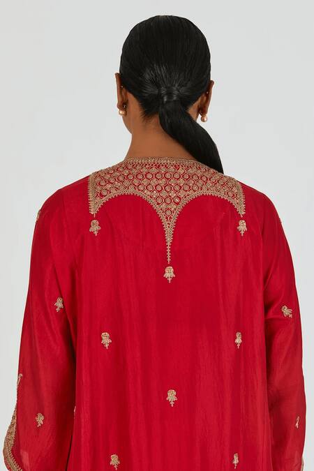 Shop_Lajjoo C_Red Silk Embroidered Marodi Round Indrani Kurta With Pant _Online_at_Aza_Fashions