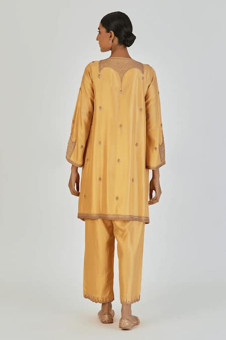 Shop Lajjoo C Yellow Silk Embroidered Marodi Round Indrani Floral Kurta With Pant at Aza Fashions Shop_Lajjoo C_Yellow Silk Embroidered Marodi Round Indrani Floral Kurta With Pant _at_Aza_Fashions