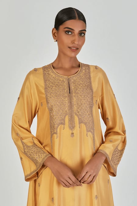 Shop Lajjoo C Yellow Silk Embroidered Marodi Round Indrani Floral Kurta With Pant Online at Aza Fashions Shop_Lajjoo C_Yellow Silk Embroidered Marodi Round Indrani Floral Kurta With Pant _Online_at_Aza_Fashions