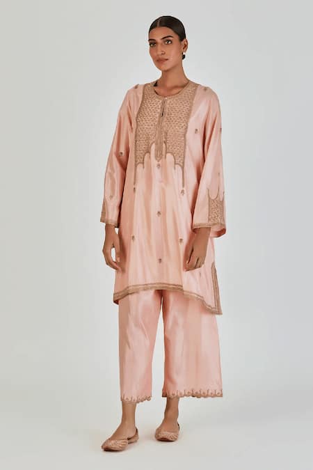Lajjoo C Pink Silk Embroidered Marodi Round Indrani Pastel Kurta With Pant 