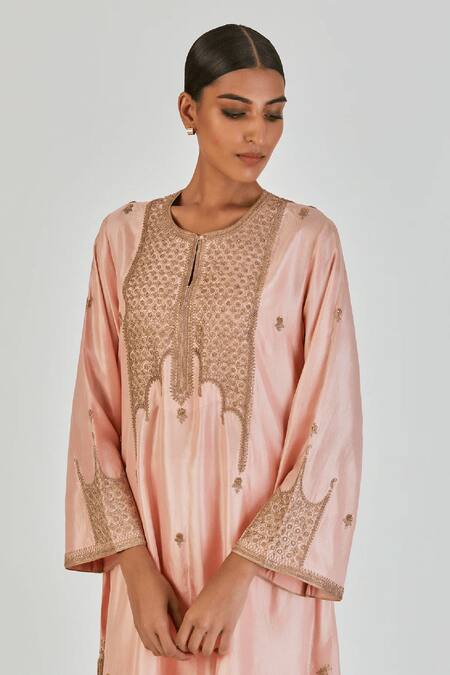Lajjoo C_Pink Silk Embroidered Marodi Round Indrani Pastel Kurta With Pant _Online_at_Aza_Fashions