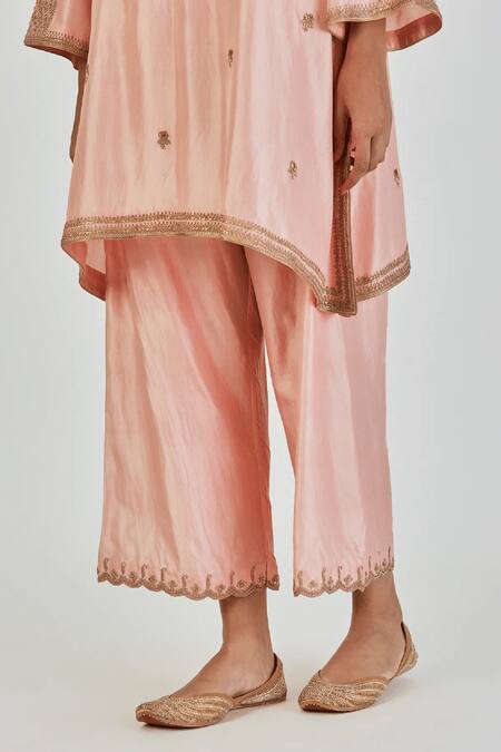 Shop_Lajjoo C_Pink Silk Embroidered Marodi Round Indrani Pastel Kurta With Pant _Online_at_Aza_Fashions