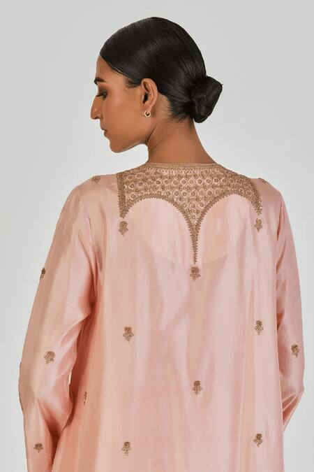 Lajjoo C_Pink Silk Embroidered Marodi Round Indrani Pastel Kurta With Pant _at_Aza_Fashions