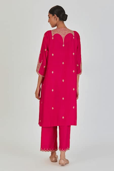 Shop Lajjoo C Red Silk Embroidered Marodi Round Indrani Sequin Embellished Kurta With Pant at Aza Fashions Shop_Lajjoo C_Red Silk Embroidered Marodi Round Indrani Sequin Embellished Kurta With Pant _at_Aza_Fashions