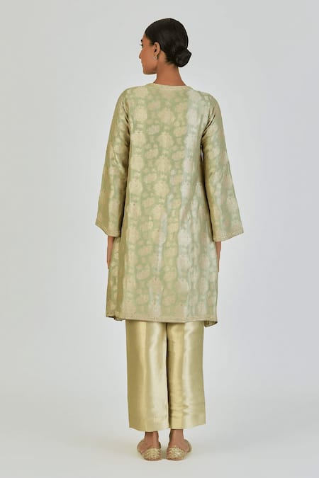 Shop Lajjoo C Green Brocade Woven Marodi Round Damini Embroidered Kurta With Pant at Aza Fashions Shop_Lajjoo C_Green Brocade Woven Marodi Round Damini Embroidered Kurta With Pant _at_Aza_Fashions