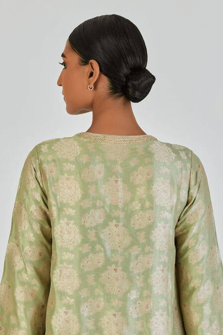 Lajjoo C Green Brocade Woven Marodi Round Damini Embroidered Kurta With Pant Online at Aza Fashions Lajjoo C_Green Brocade Woven Marodi Round Damini Embroidered Kurta With Pant _Online_at_Aza_Fashions